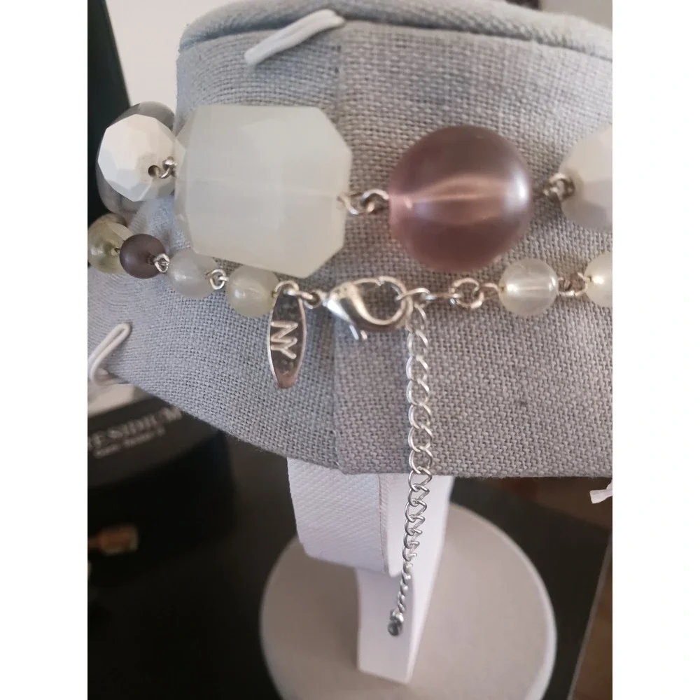 NY New York & Company Double Strand Beaded Statement Necklace Silver Tone Mauve